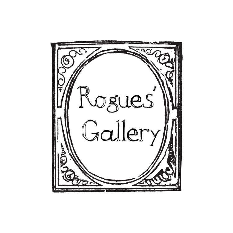 A black and white image of a hand drawn style ornate picture frame with the words rogues' gallery in the middle