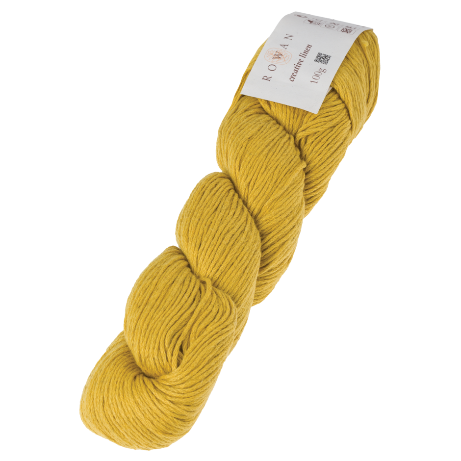 Skein of Rowan Creative Linen yarn in a mustard yellow colour called Mustard.