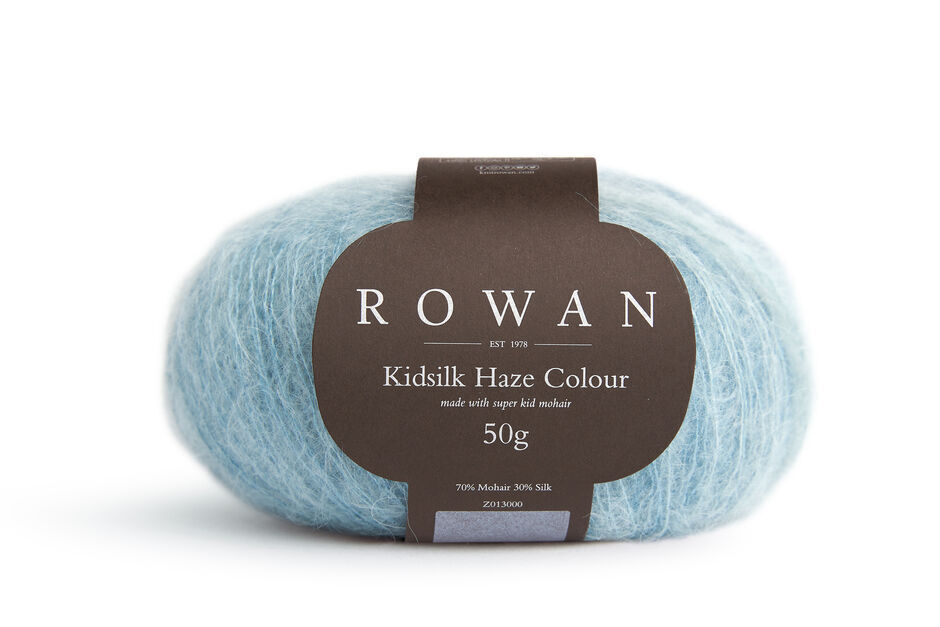 Ball of Rowan Kidsilk Haze Colour in the Brook colourway which is light teal.