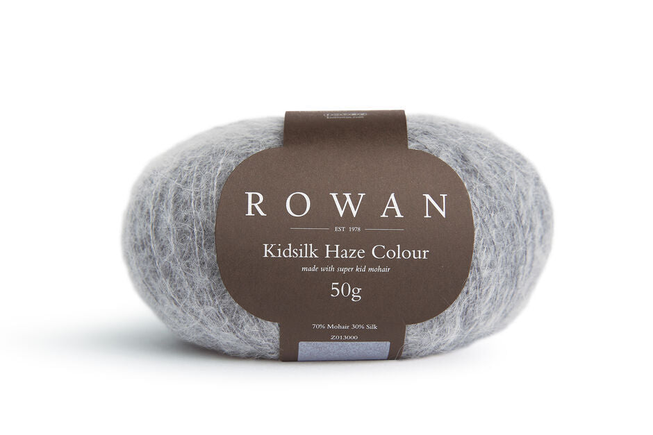 Ball of Rowan Kidsilk Haze Colour in the Pebble colourway which is light grey.