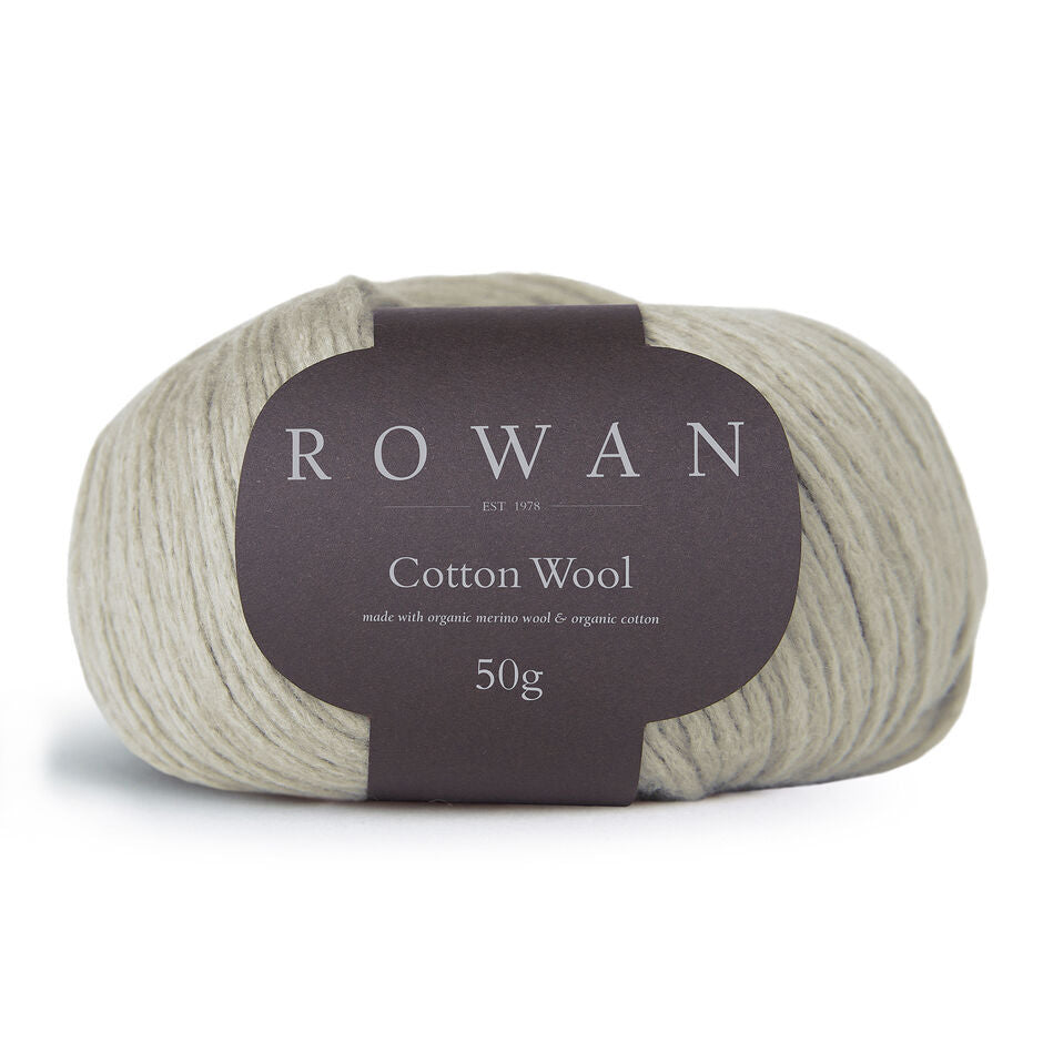 Ball of Rowan Cotton Wool in a pale sage colourway called Tiny.