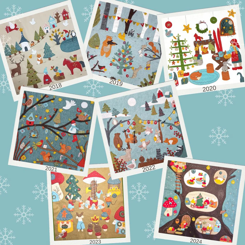 Collage of six annual fabric designs with years 2018 to 2024 on a blue background with snowflakes.