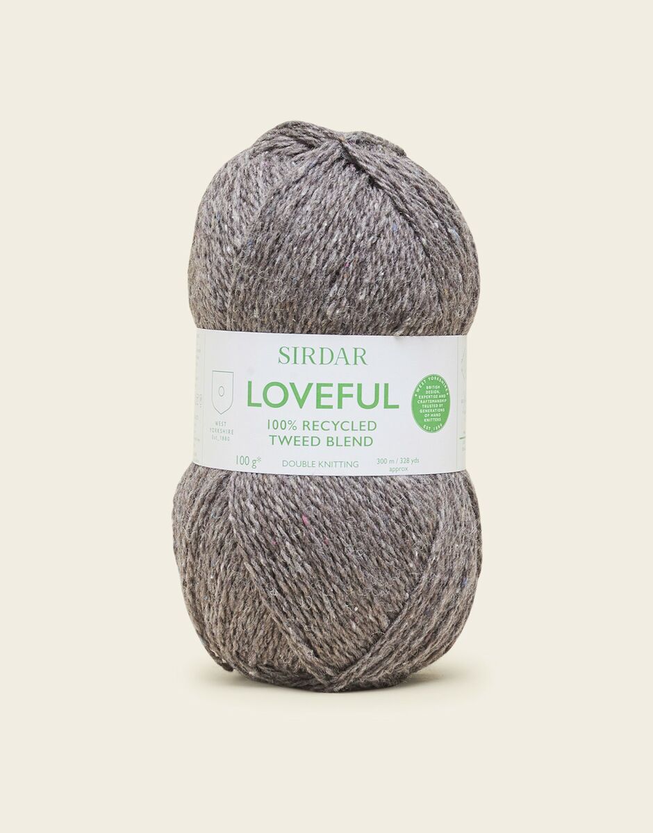 Ball of grey/black yarn with a Sirdar Loveful label on a white background.