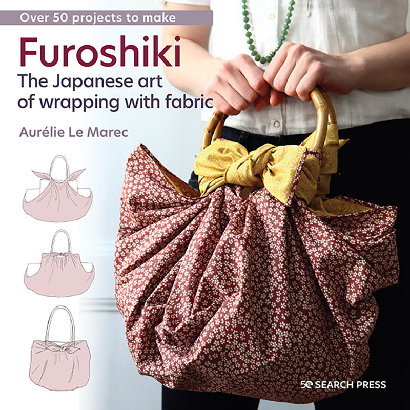 Book cover of 'Furoshiki: The Japanese art of wrapping with fabric' by Aurélie Le Marec, featuring a person holding a fabric bag. and searhpress logo at the bottom.