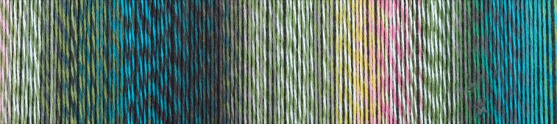 Image shows colour palette of Schoppel Crazy Cotton 4ply/sock. The colour is Harvest Season Colours, with shades of blue, pink and sage green.