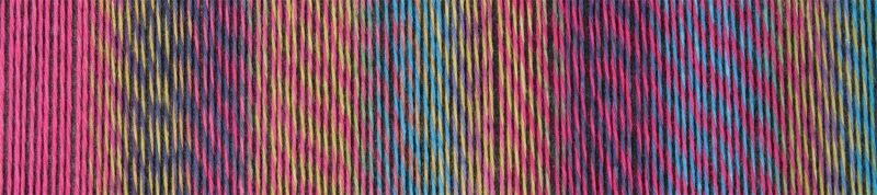 Image shows colour palette of Schoppel Crazy Cotton 4ply/sock. The colour is Ladies First , with shades of pink, blue, sage and purple.
