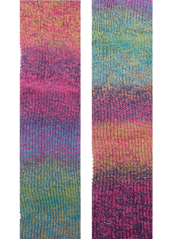 Image shows knitted sample of Schoppel Crazy Cotton 4ply/sock. The colour is Ladies First, with shades of pink, blue, sage and purple.