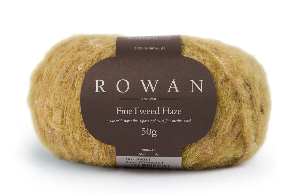 Image shows Rowan Fine Tweed Haze in Shade 011 Moss, moss green with pink and orange flecks.