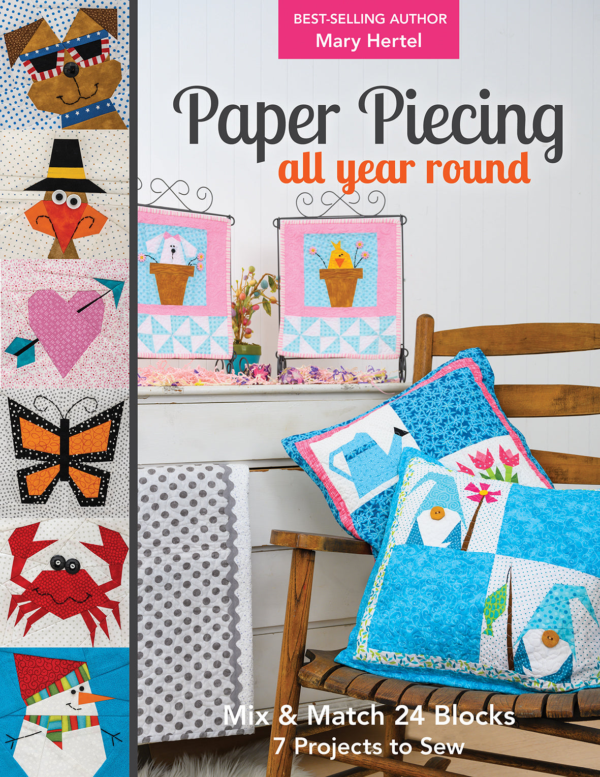 Book cover of 'Paper Piecing all year round' with quilted blocks and pillows. ey