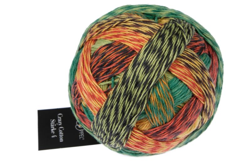 Image shows wound ball of Schoppel Crazy Cotton 4ply/sock. The colour is Planet Autumn, with shades of green, yellow and orange.