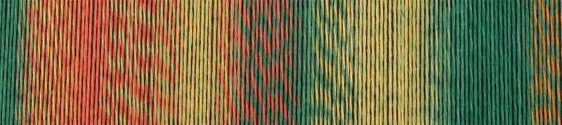 Image shows colour palette of Schoppel Crazy Cotton 4ply/sock. The colour is Planet Autumn, with shades of green, yellow and orange.
