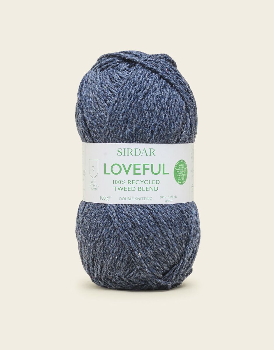 avy Ball of yarn with a Sirdar Loveful label on a light background