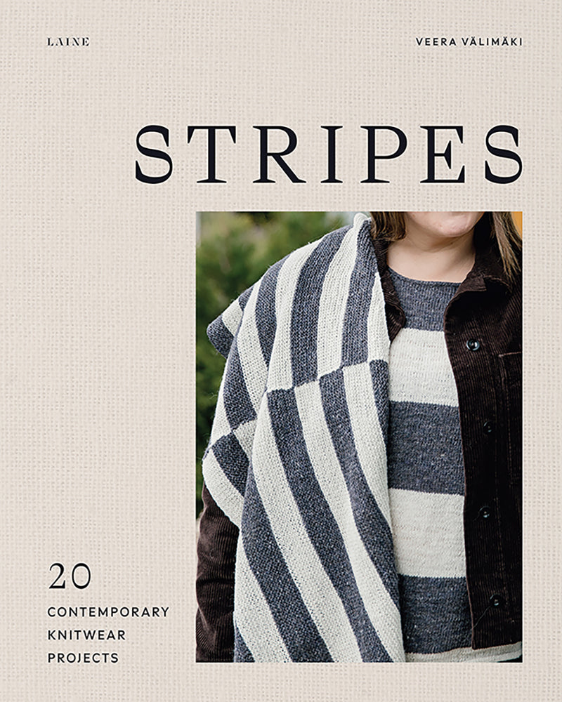 Book cover of 'Stripes' by Laine with a person wearing a striped knit shawl.