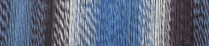 Image shows colour palette of Schoppel Crazy Cotton 4ply/sock. The colour is Sea and more, with shades of blue, grey and cream.