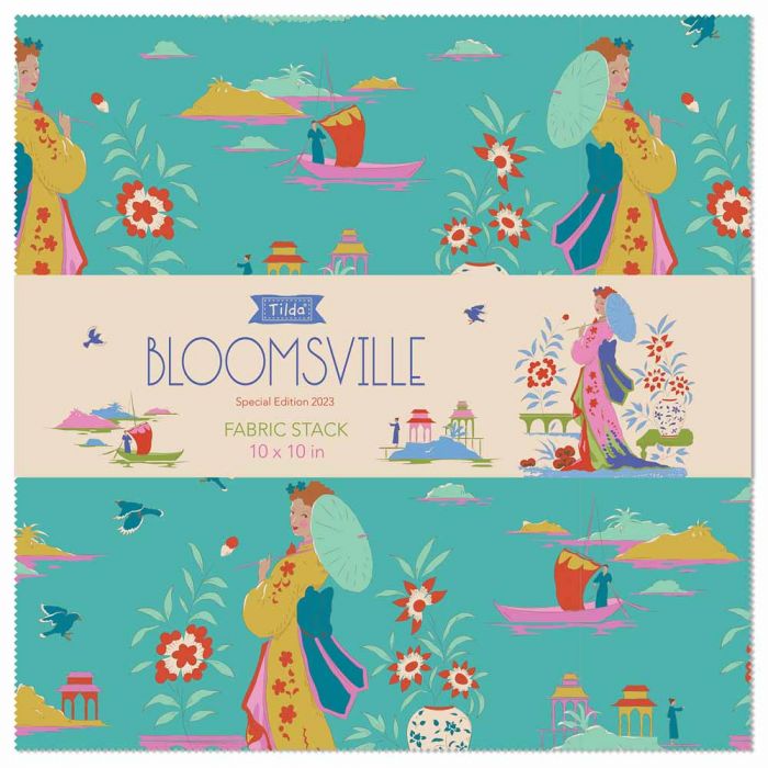 A fabric stack of 10" x 10" squares by Tilda BLOOMSVILLE, with a repeating illustrated pattern of women in oriental traditional-style robes, flowers, boats, and small architectural details on a turquoise background. photographed against a white background.
