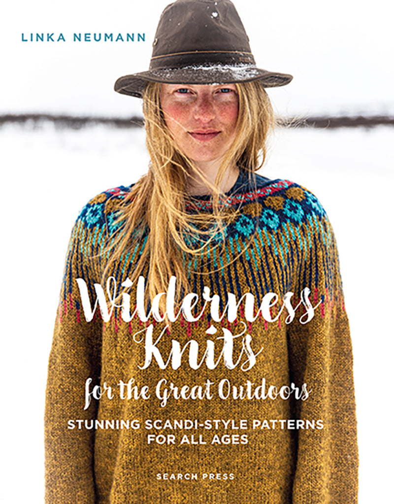 Book cover of 'Wilderness Knits for the Great Outdoors' by Linka Neumann with a person wearing a knitted sweater and hat.