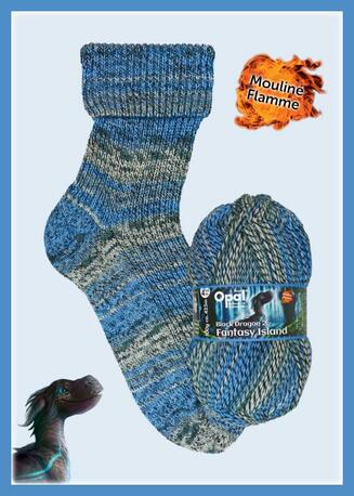 Knitted sock and ball of yarn blues and grey with 'Mouline Flamme' branding on a light blue background.