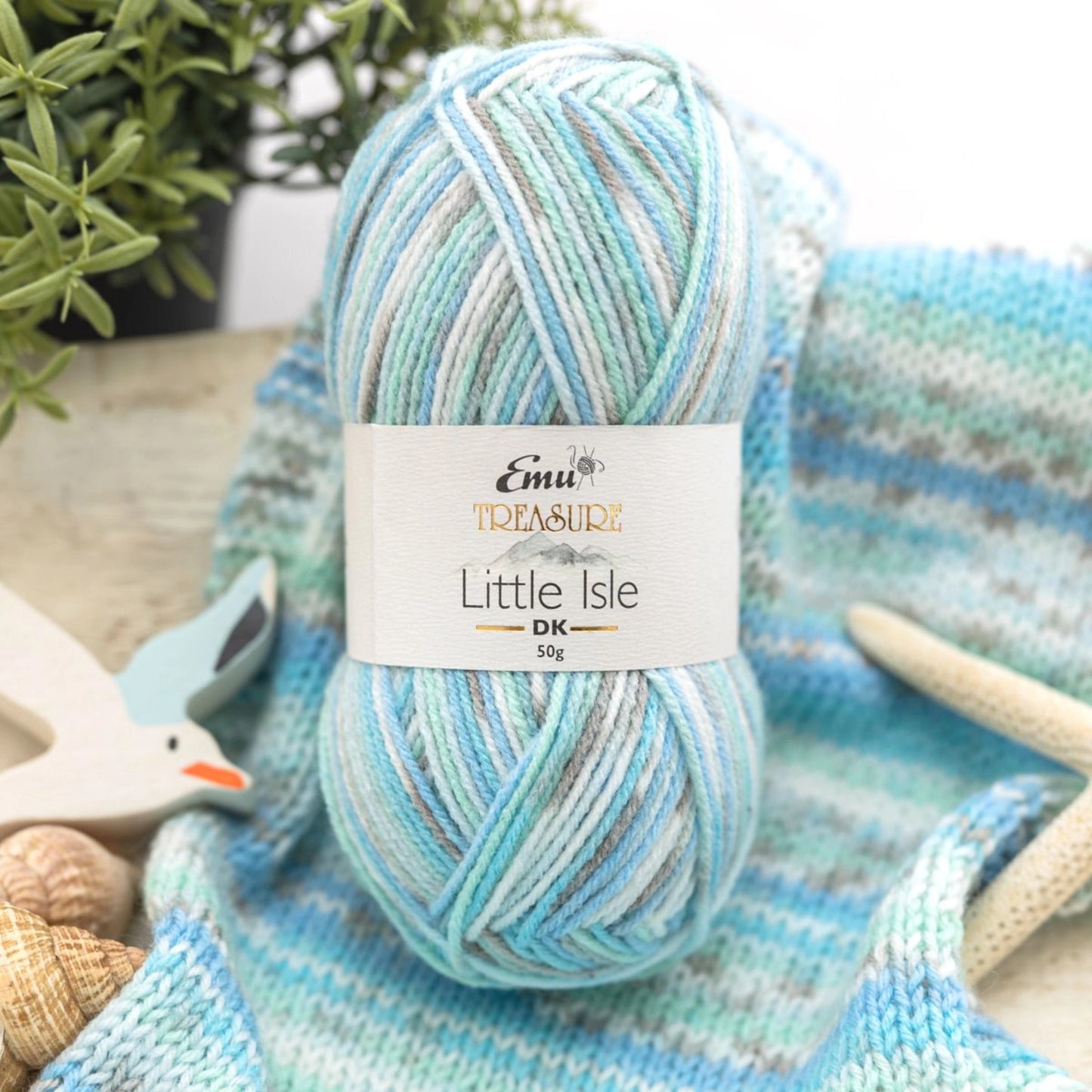 Emu Treasure Little Isle Yarn and Knitted Sample in Camusdarach Colourway