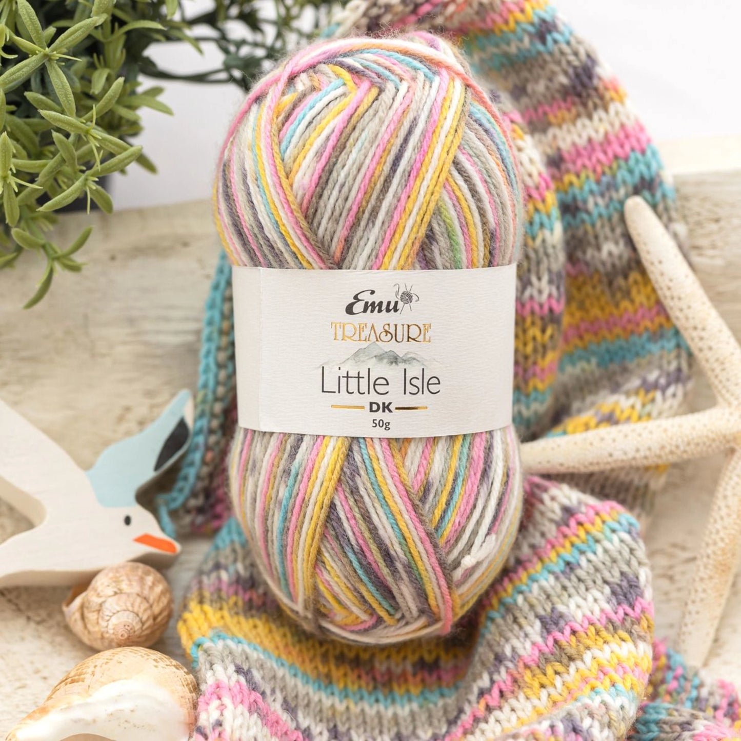 Emu Treasure Little Isle Yarn and Knitted Sample in Dornach Colourway