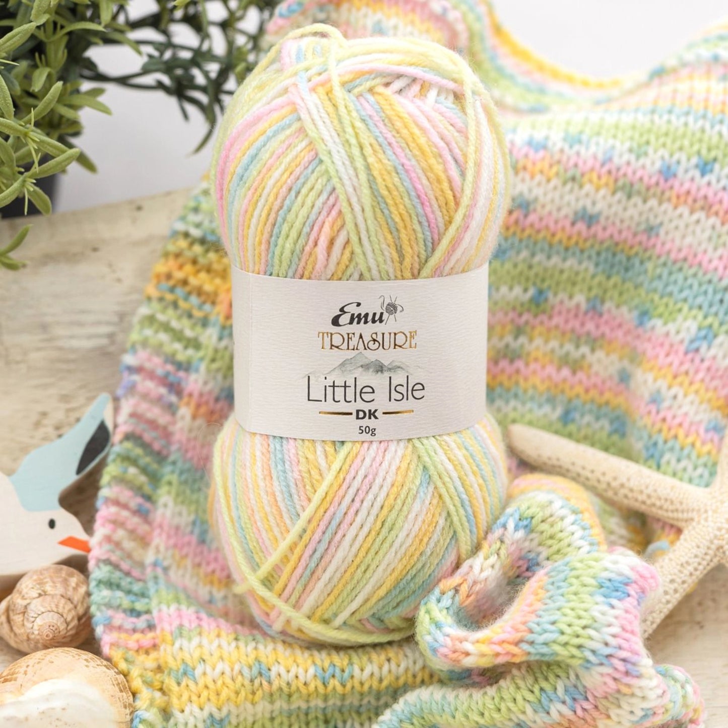 Emu Treasure Little Isle Yarn and Knitted Sample in Sandwood Bay Colourway