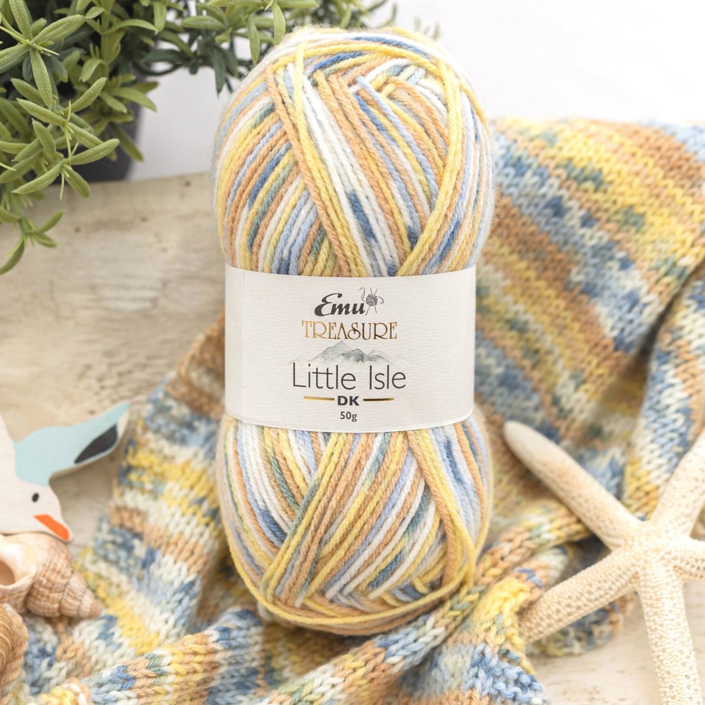 Emu Treasure Little Isle Yarn and Knitted Sample in Scourie Colourway