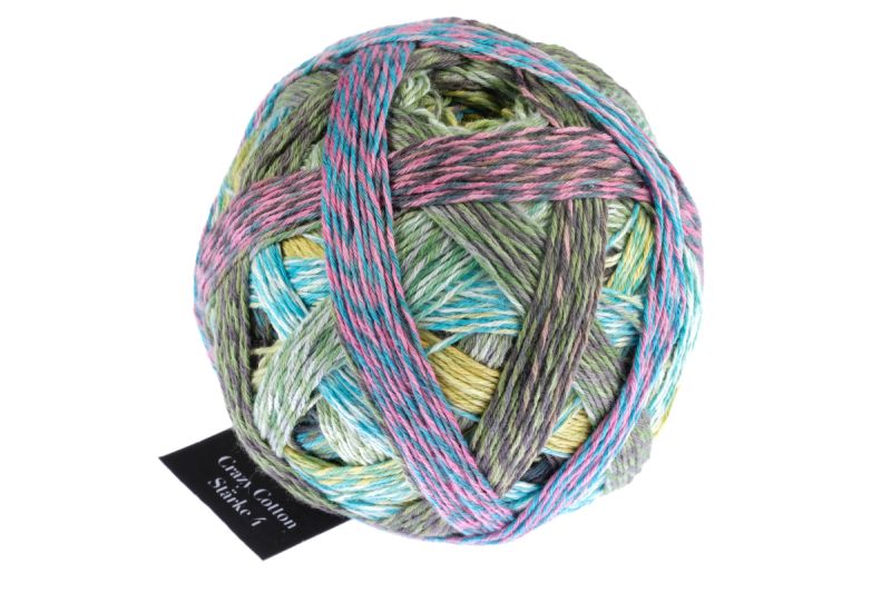 Image shows wound ball of Schoppel Crazy 4ply/sock. The colour is harvest season, with shades of blue, pink and sage green.