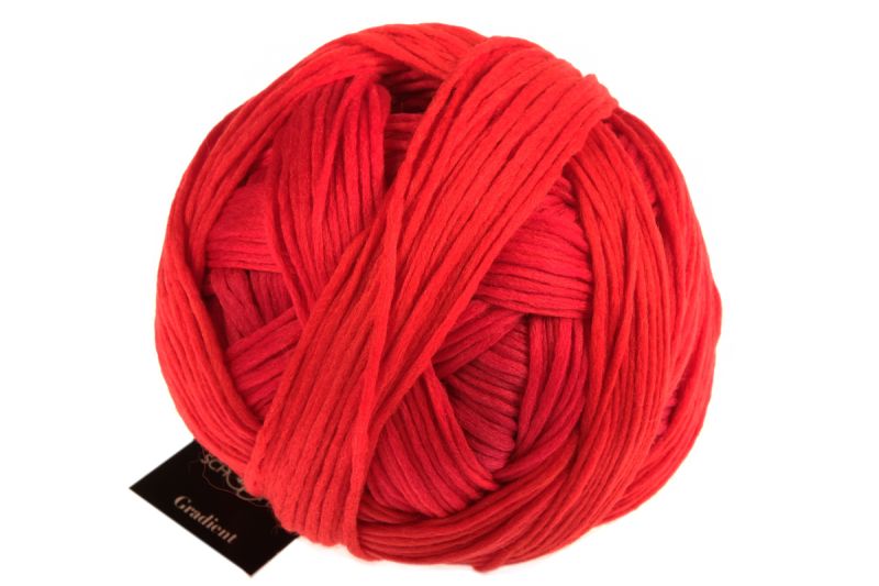 Image shows wound ball of Schoppel Gradient DK yarn. Colourway is 2435 Furnace/Hochofen shades of bright red and orange.