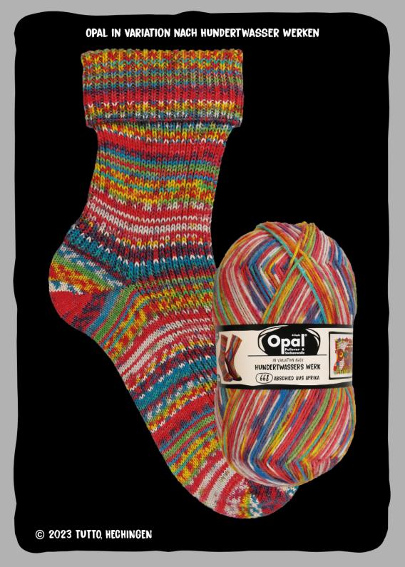 Colourful striped sock and yarn ball with Opal branding on a black background.