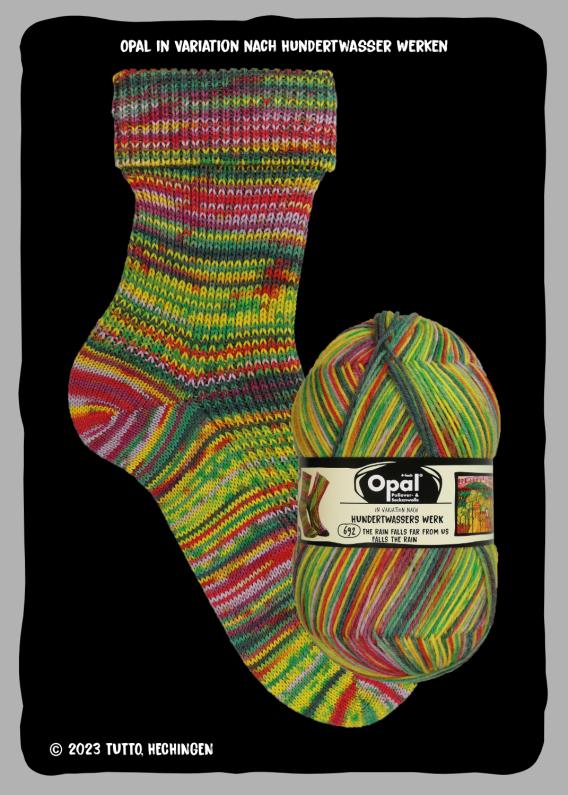 Colourful striped sock and ball of yarn in reds greens and yellows with Opal branding on a black background