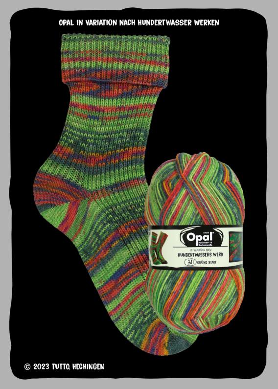 Colourful striped sock and yarn ball in greens and red with Opal branding on a black background