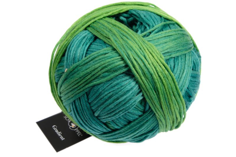 Image shows wound ball of Schoppel Gradient DK yarn. Colourway is 1878 The Meadow/In Der Wiese in shades of green and blue.