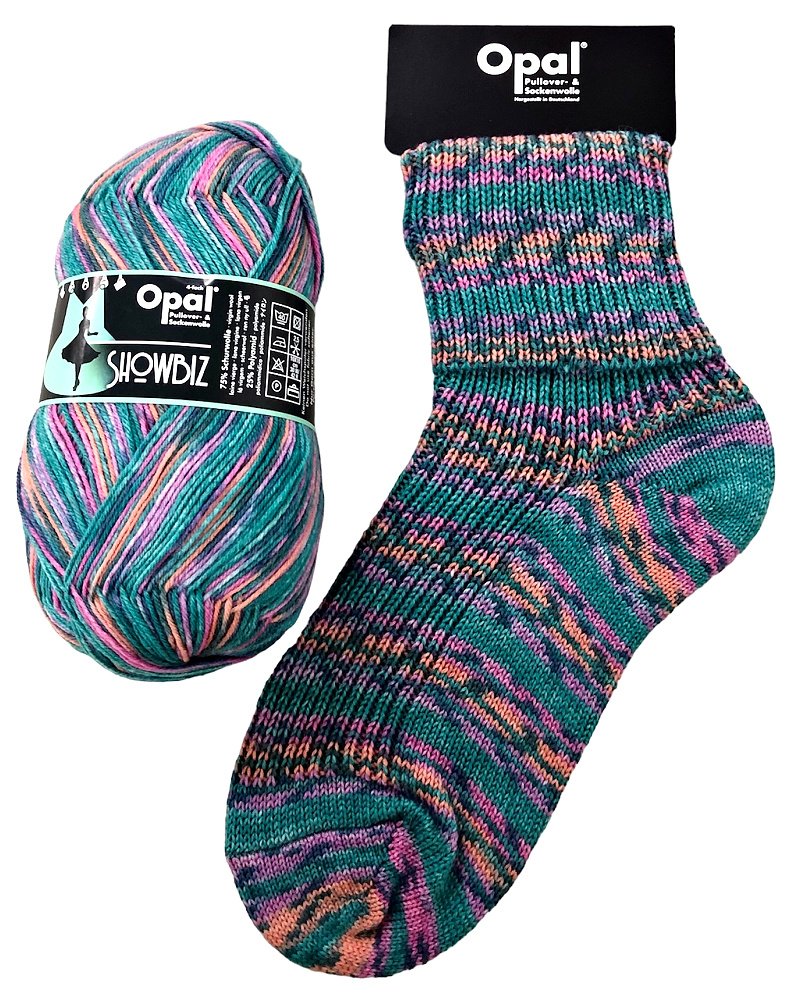Multicolored yarn ball and sock in colours teal and hints of orange and pink with Opal branding on a white background