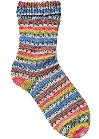 Image shows knitted sock in colour 7591 Kim, blue, green, yellow, orange, black and light grey.