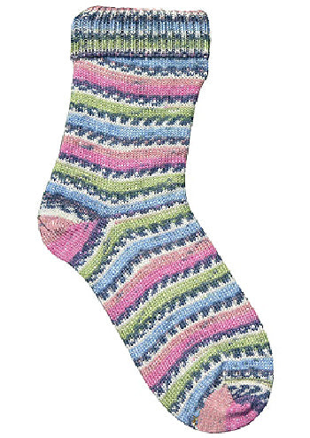 Image shows knitted sock in colour 7593 Sunny, in muted blue, green, pink and neutral colours.