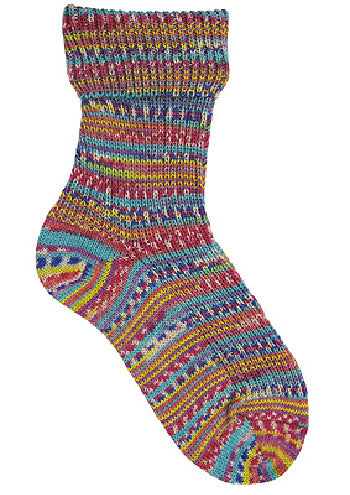 Image shows knitted sock in colour 7952 Thelma, in colours of turquoise, blue, deeper pinks yellows and cream.