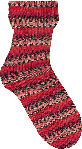 Image shows knitted sock in colour 7954 Claire, in pinks, oranges, grey and cream.