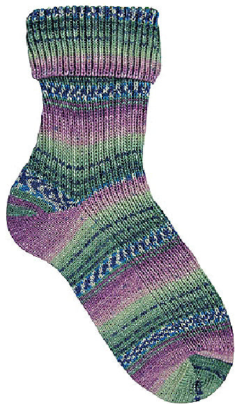 Image shows knitted sock in colour 7955 Kate, in heather and green colours.