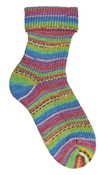 Image shows knitted sock in colour 7956 Charlie multicolours blues, greens, mauve, yellow, cream..