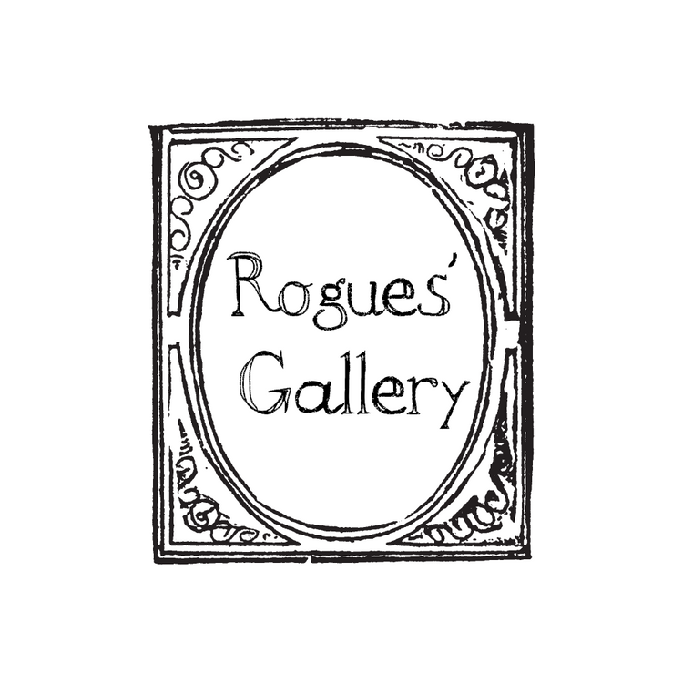 A black and white image of a hand drawn style ornate picture frame with the words rogues' gallery in the middle 