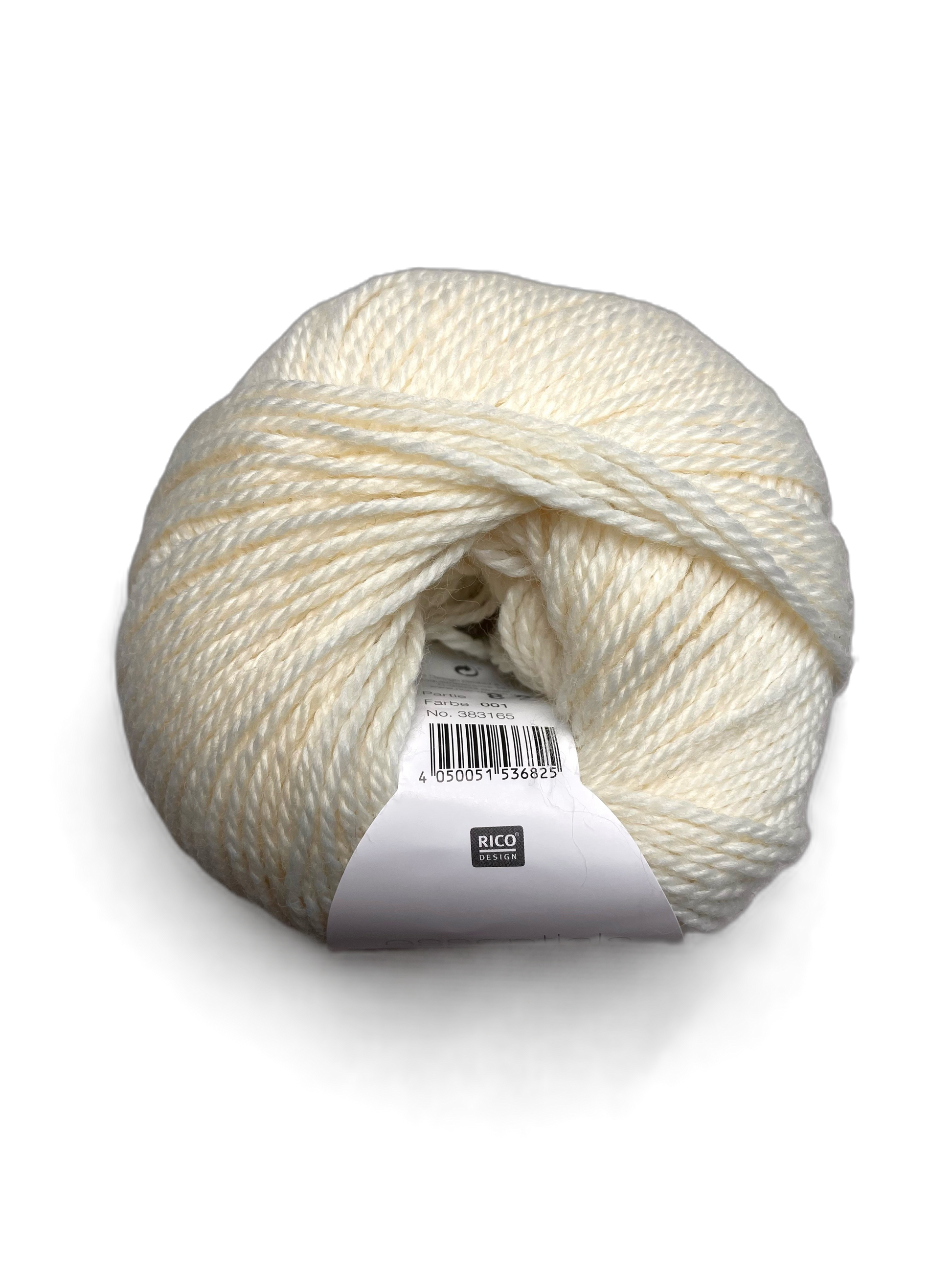 Ball of Rico Design Essentials Merino Plus DK yarn in a cream colourway on a white background.
