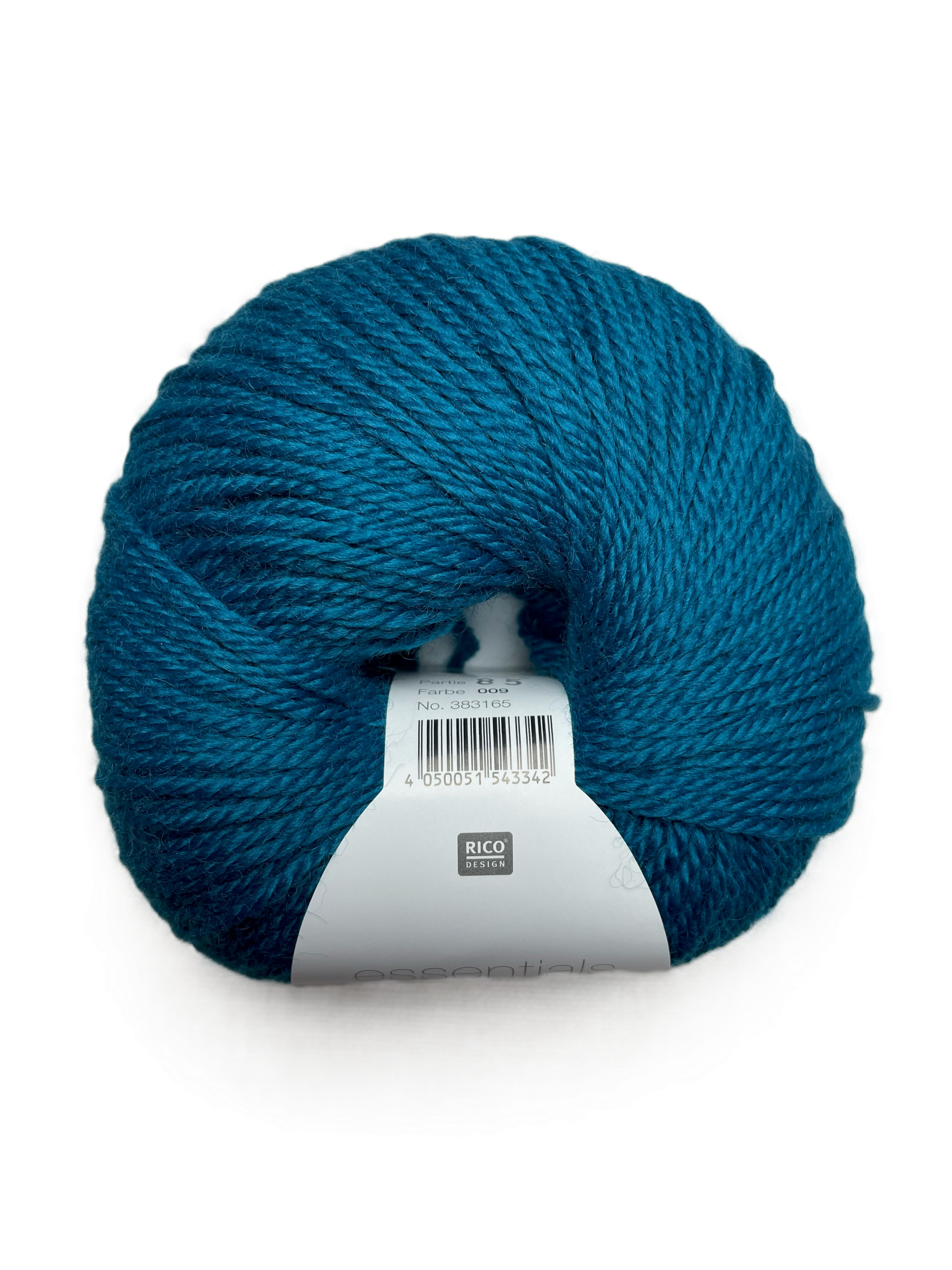 Ball of Rico Design Essentials Merino Plus DK yarn in a teal colourway on a white background.