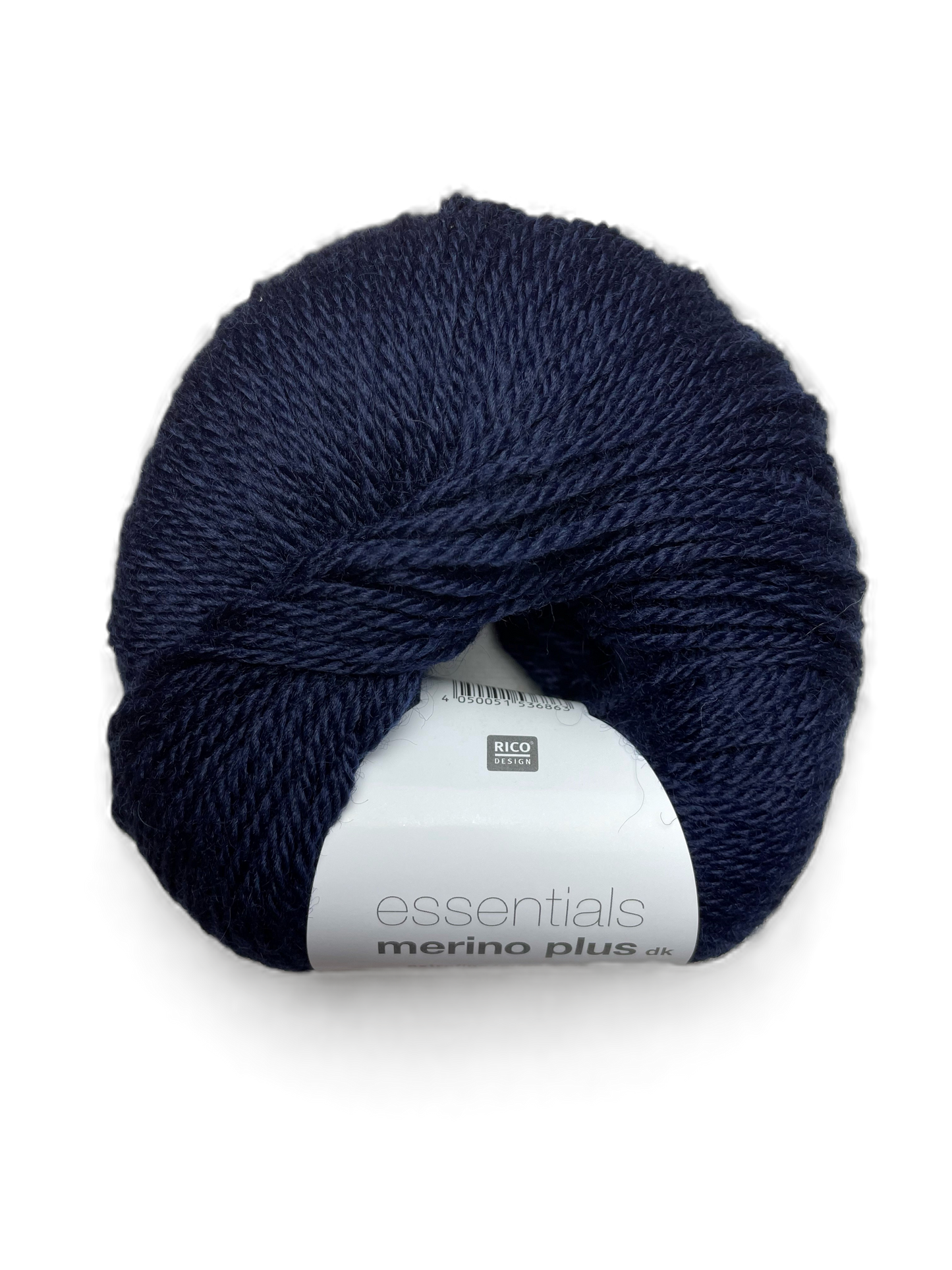Ball of Rico Design Essentials Merino Plus DK yarn in a navy blue colourway on a white background.