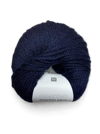 Ball of Rico Design Essentials Merino Plus DK yarn in a navy blue colourway on a white background.