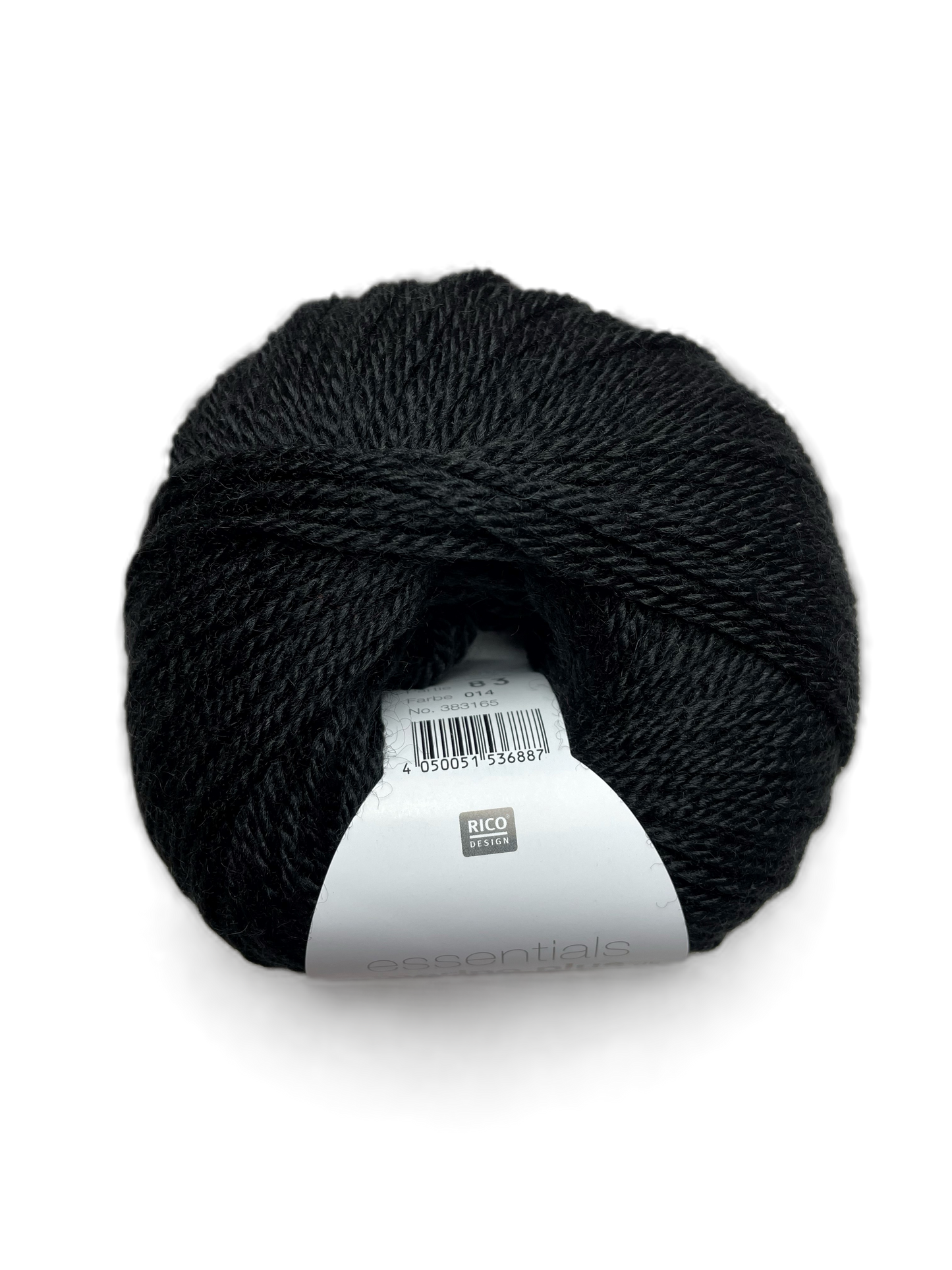 Ball of Rico Design Essentials Merino Plus DK yarn in a black colourway on a white background.