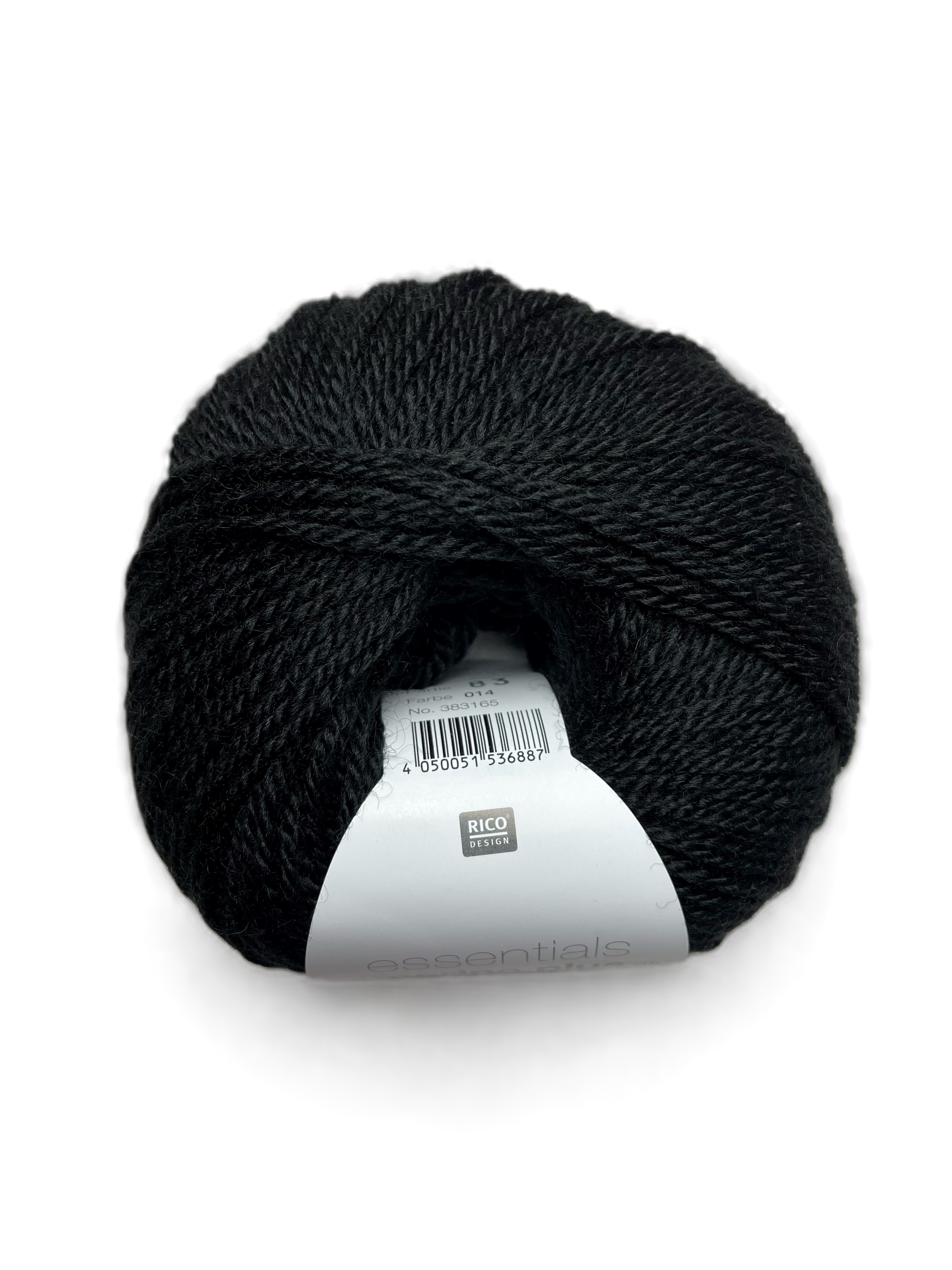 Ball of Rico Design Essentials Merino Plus DK yarn in a black colourway on a white background.