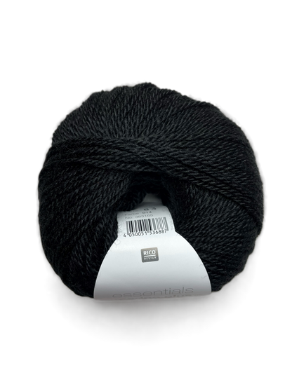 Ball of Rico Design Essentials Merino Plus DK yarn in a black colourway on a white background.