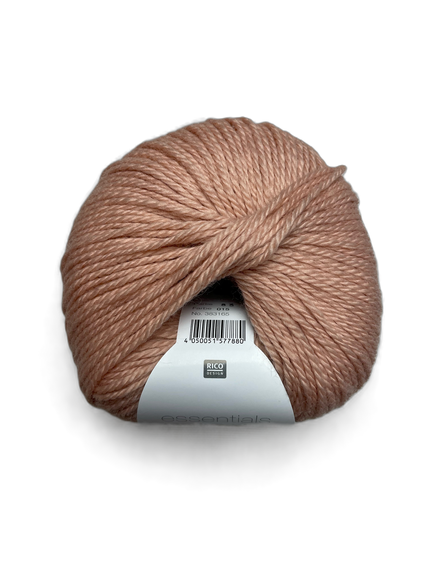 Ball of Rico Design Essentials Merino Plus DK yarn in a peach colourway on a white background.