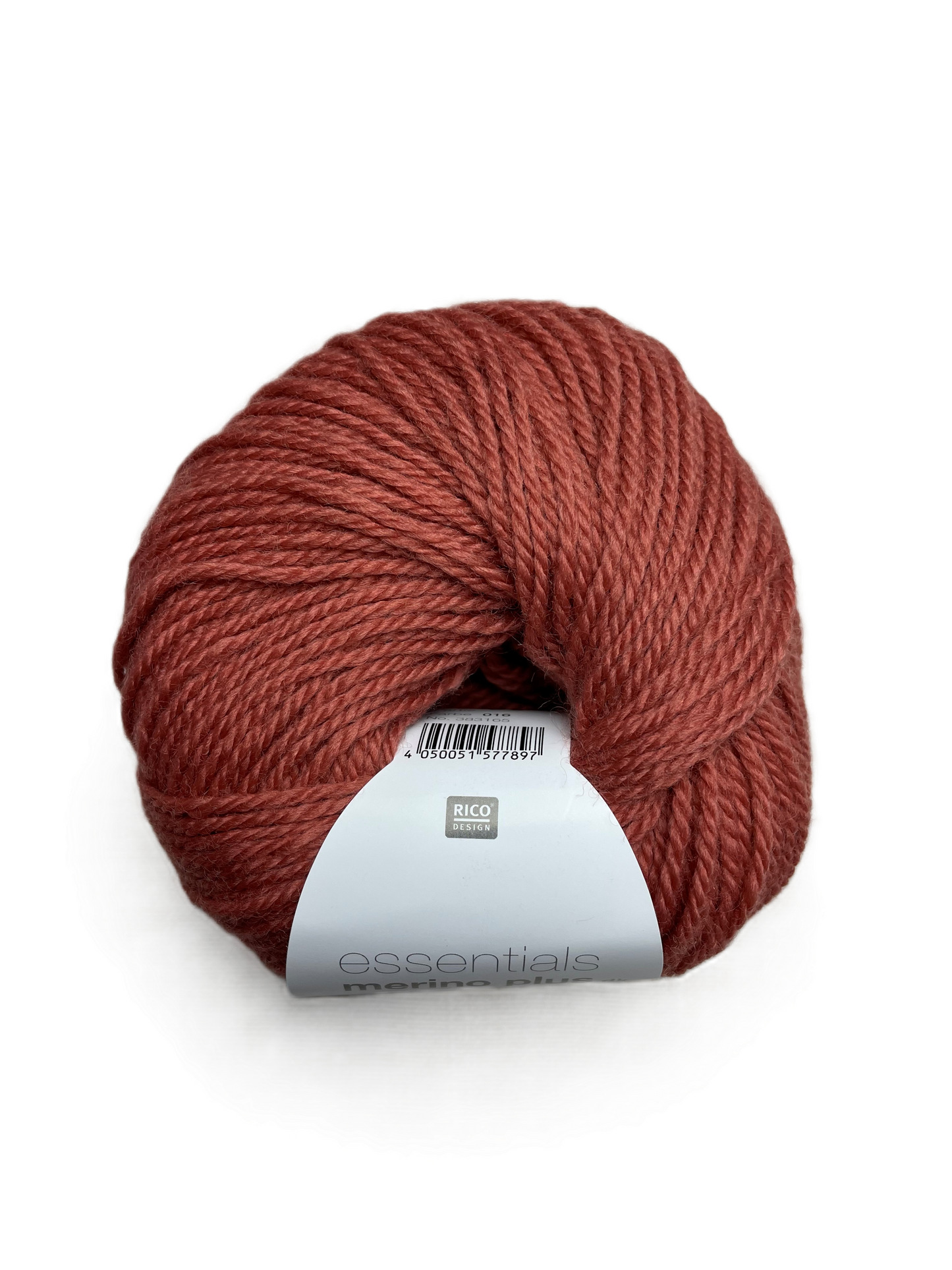 Ball of Rico Design Essentials Merino Plus DK yarn in a terracotta colourway on a white background.