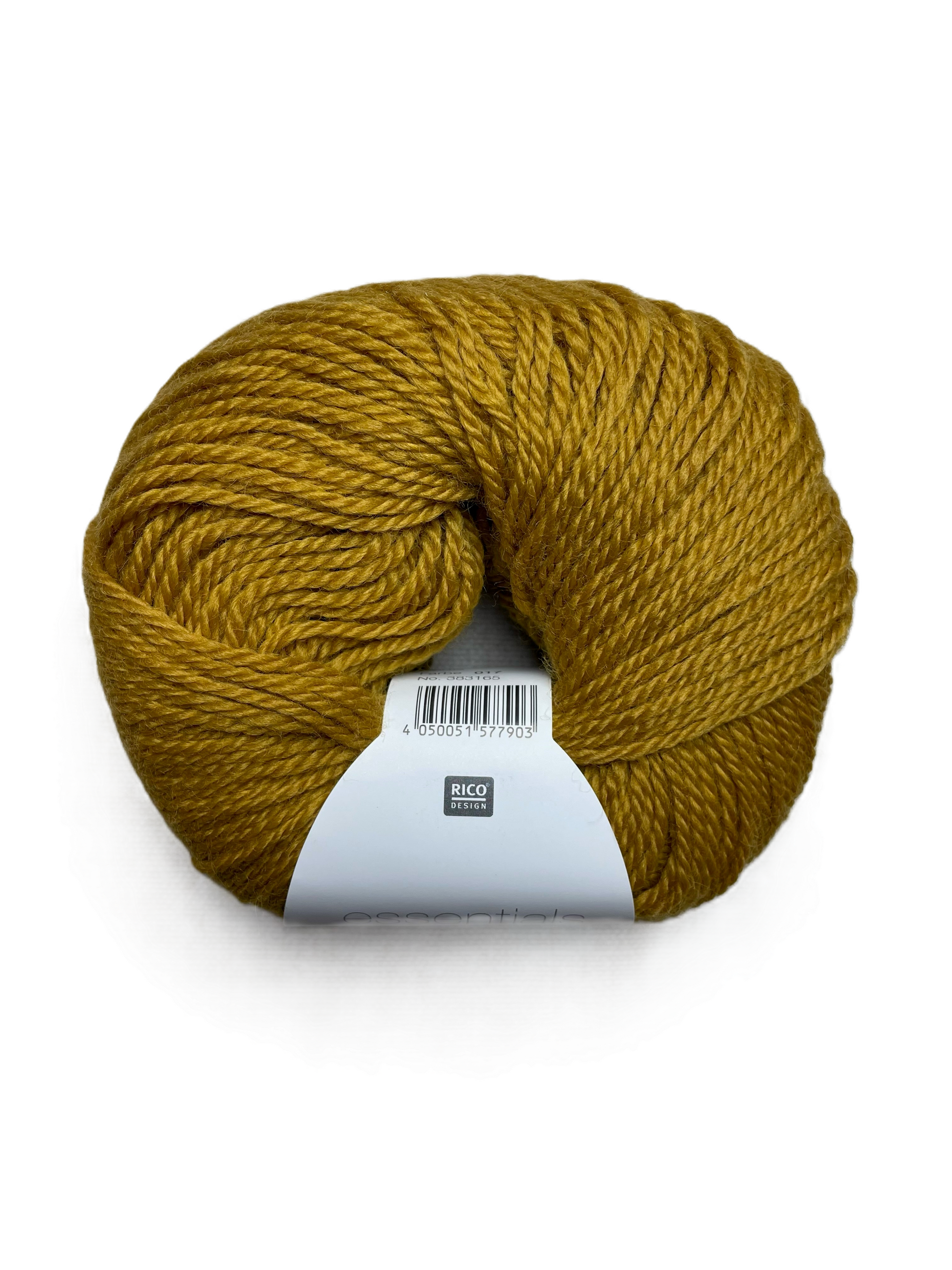 Ball of Rico Design Essentials Merino Plus DK yarn in a mustard yellow  colourway on a white background.