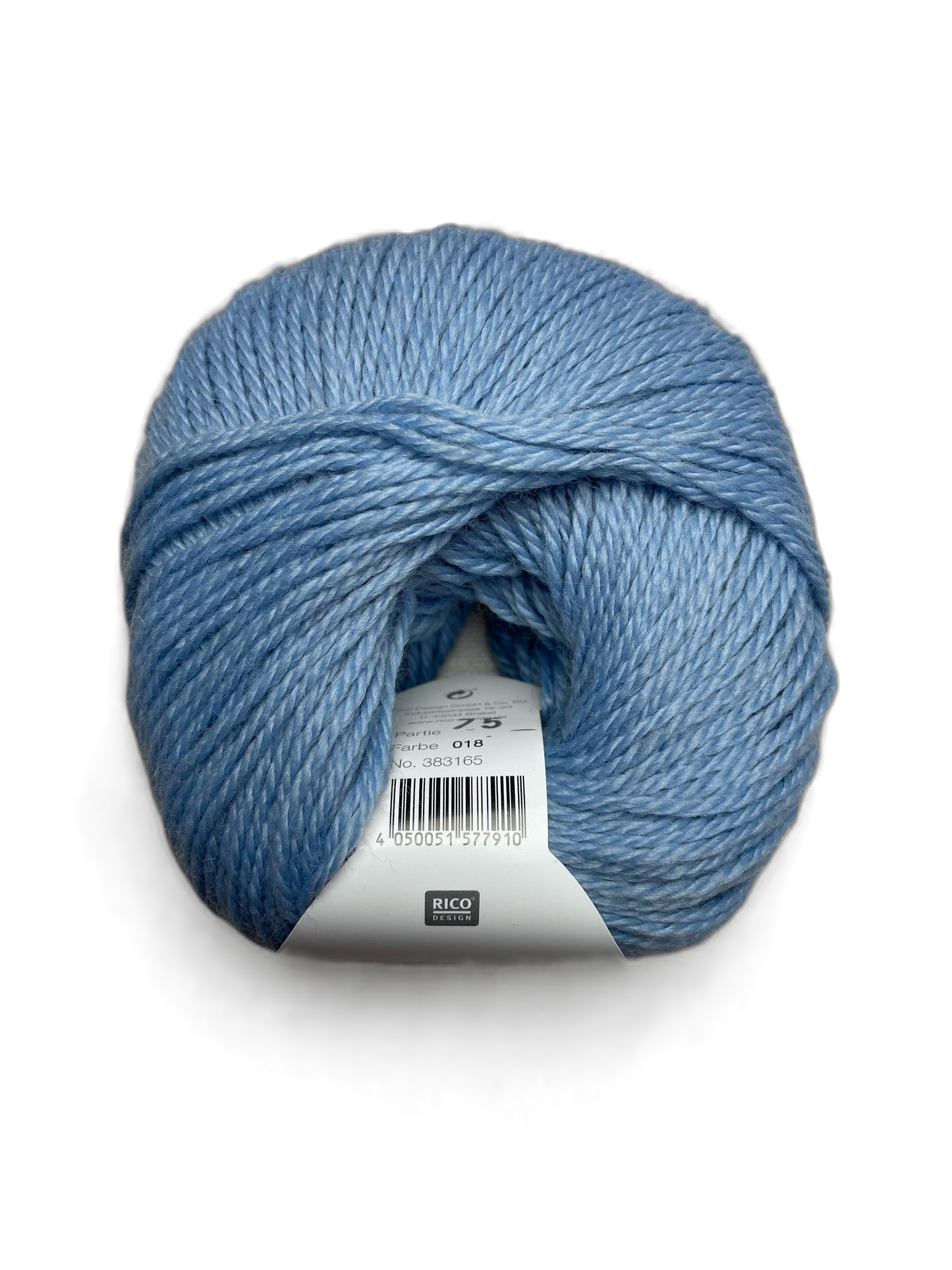 Ball of Rico Design Essentials Merino Plus DK yarn in a pale blue colourway on a white background.
